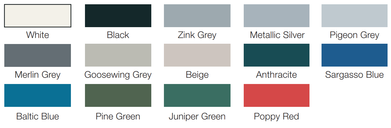 14 colors, including white, black, beige, red, and several shades of grey, blue, and green.