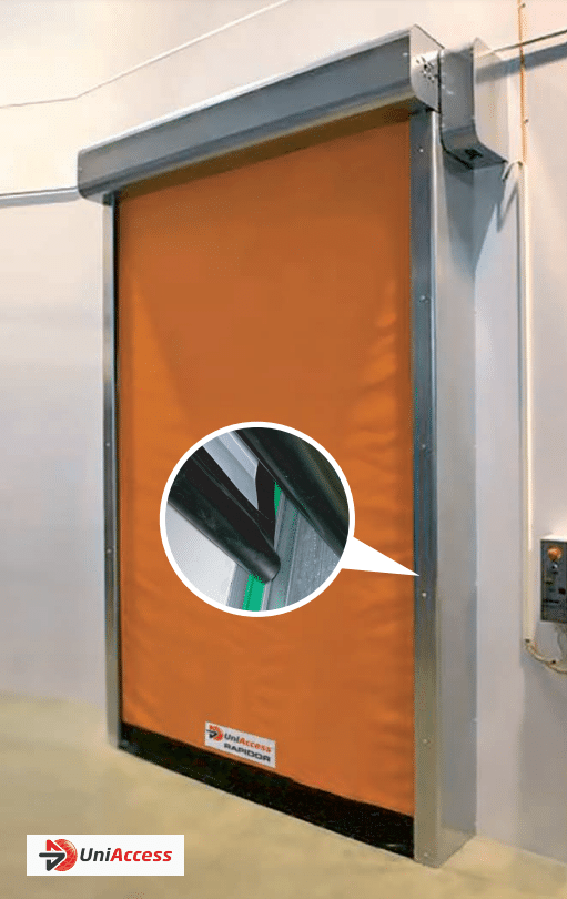 High-Speed-Door 2 Orange fabric door with a callout showing there are two layered curtains