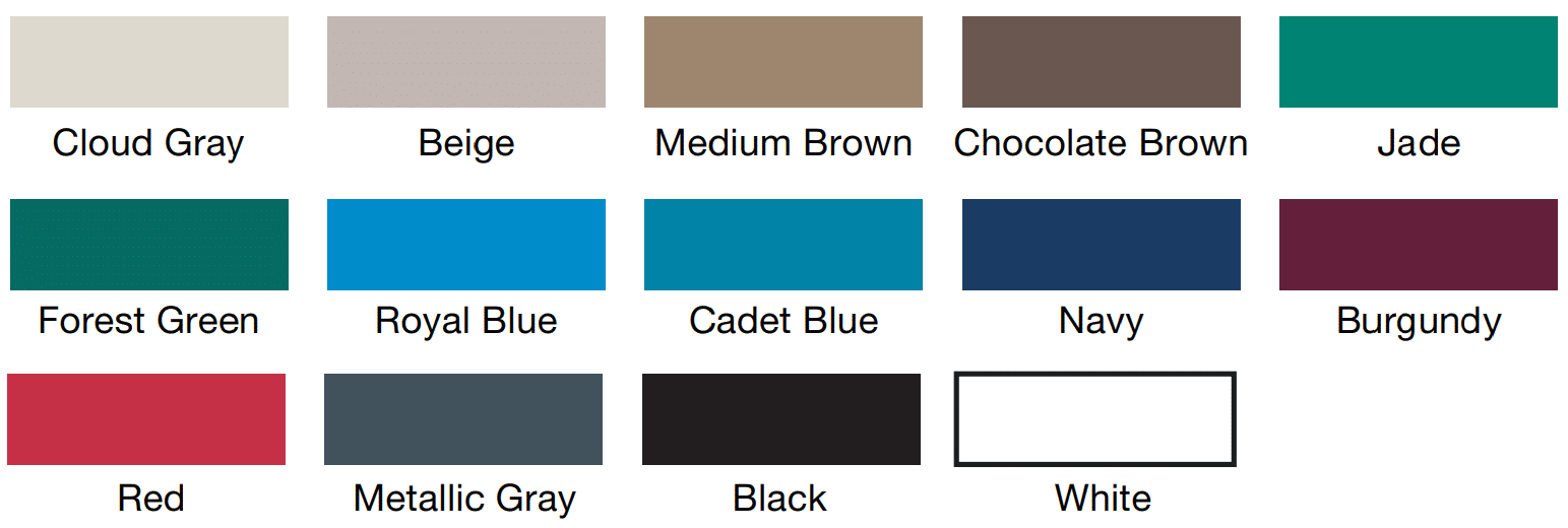 Traffic-Doors colors 14 colors: cloud gray, beige, medium brown, chocolate brown, jade, forest green, royal blue, cadet blue, navy, burgundy, red, metallic gray, black, and white.