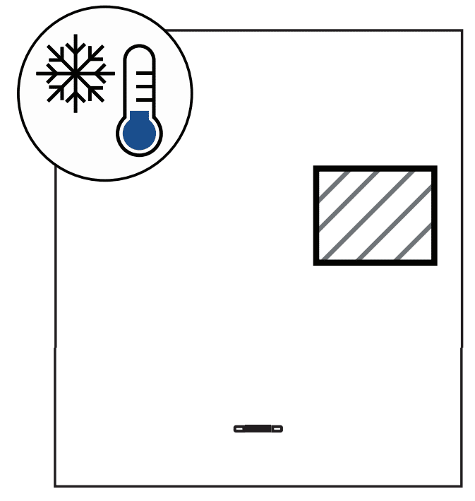 Vertical-Lift-Door vision panels Diagram of a door with a vision panel toward the right side and a snowflake icon