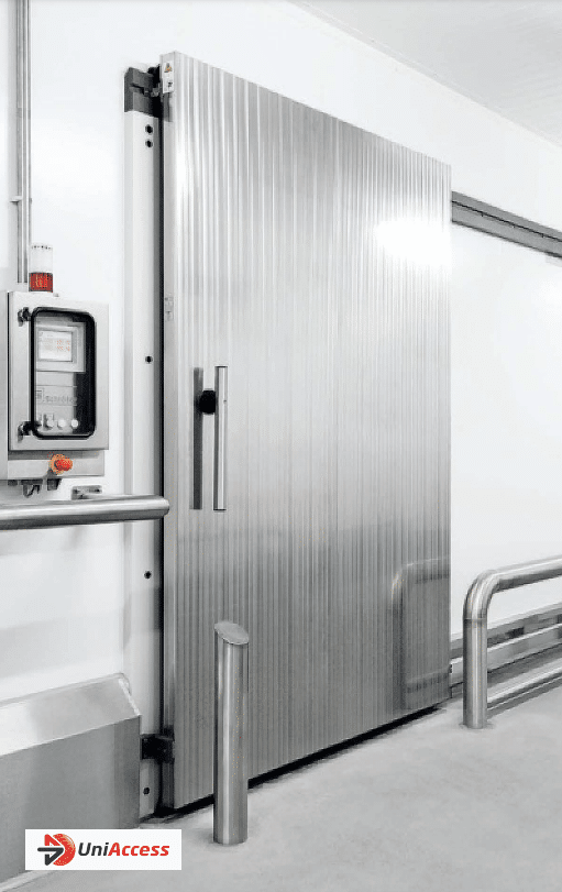 cold storage sliding door Metal door on a track with a vertical handle