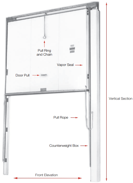 vertical lift door technical drawing Diagram labelling the pull ring and chain, vapor seal, door pull, pull rope, counterweight box, front elevation, and vertical section